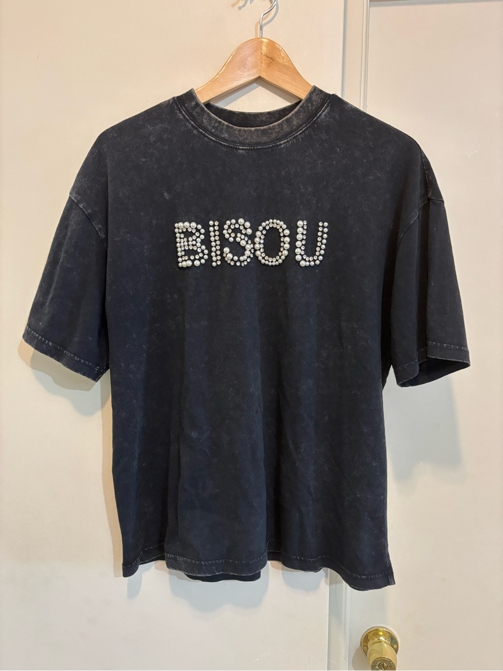 Source Unknown Black Short Sleeve Tee with Pearl and Rhinestone 'BISOU' Accent